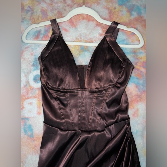 Sleek Brown Satin Corset Dress - Picture 3 of 5